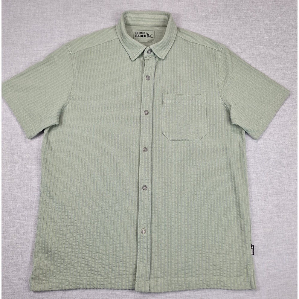 Eddie Bauer Mens Medium Sage Green Textured Seersucker Short Sleeve Button Down